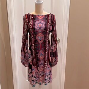 MSK Red and Pink Sheath Dress with Bishop Sleeves